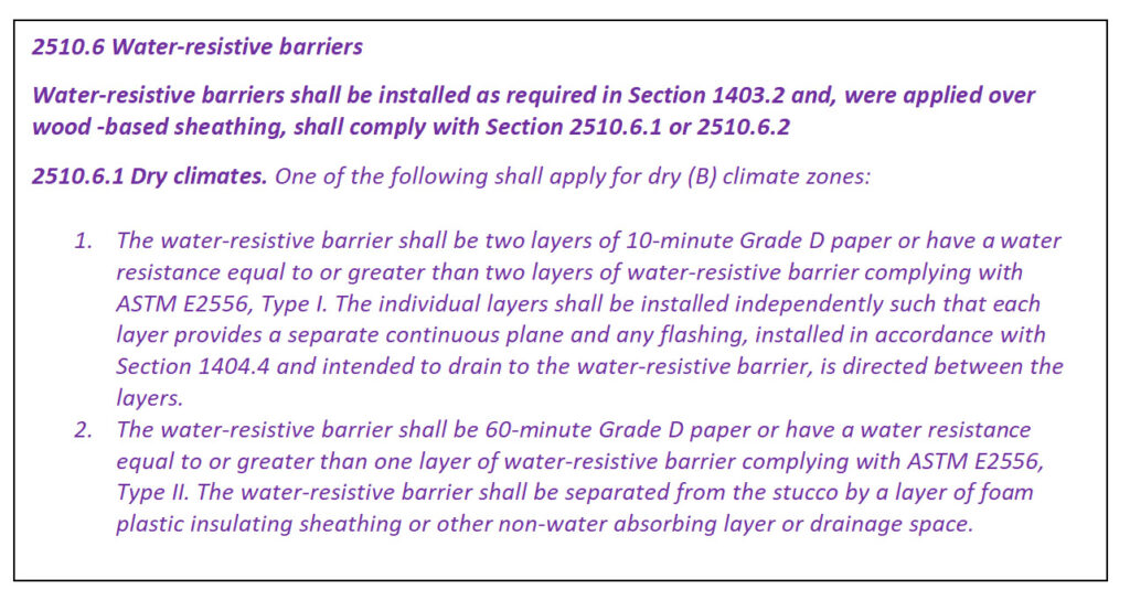 2510.6 water resistive barriers regulations 